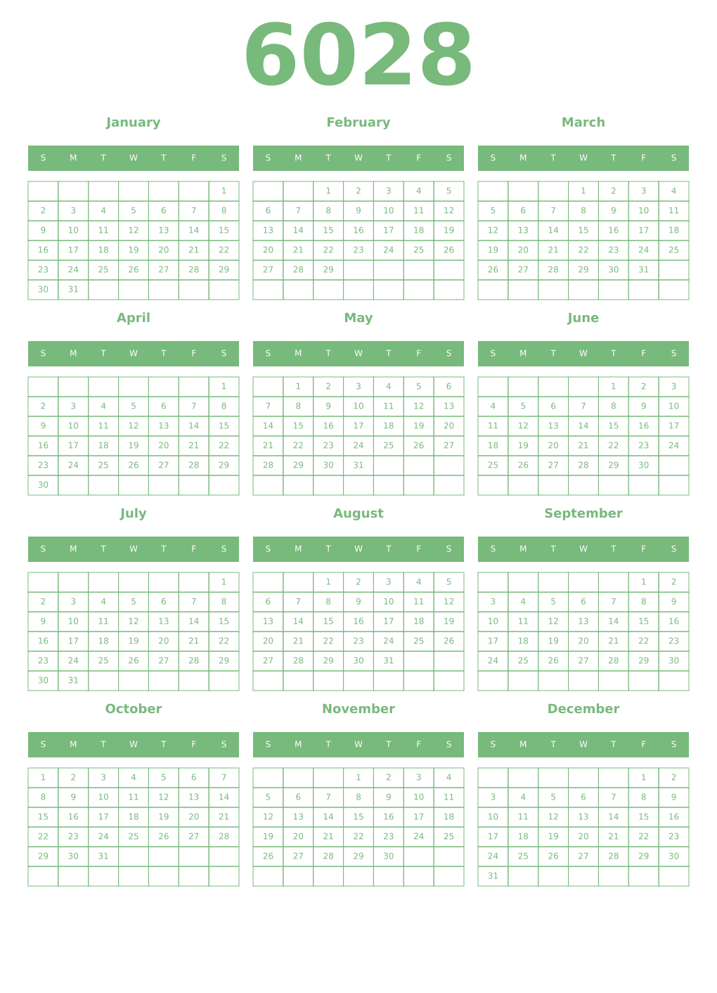 Printable 6028 Year Calendars celadon