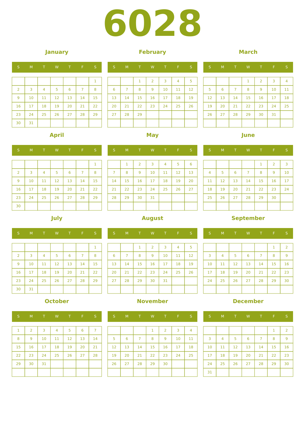 Printable 6028 Year Calendars chartreuse