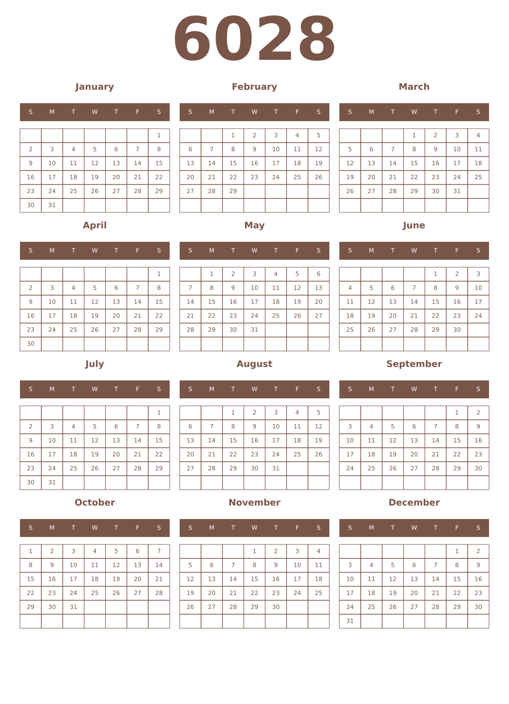 Printable 6028 Year Calendars coffe