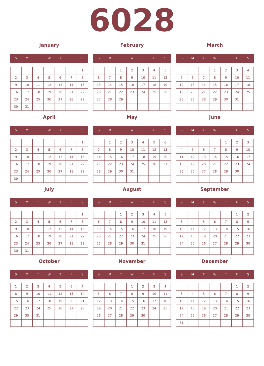 Printable 6028 Year Calendars cordovan