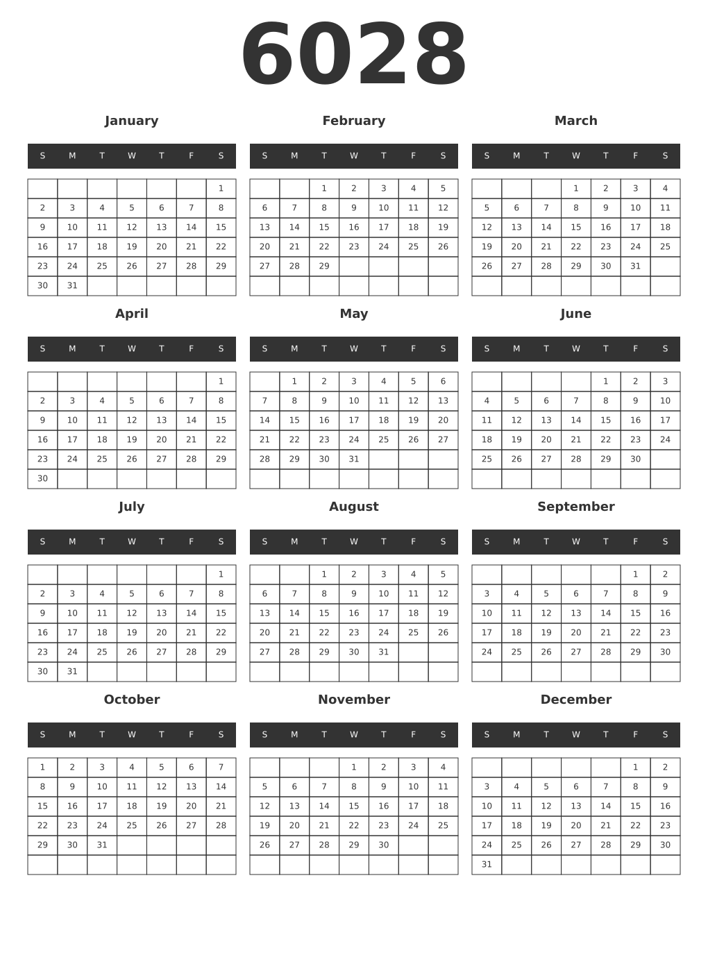 Printable 6028 Year Calendars dark