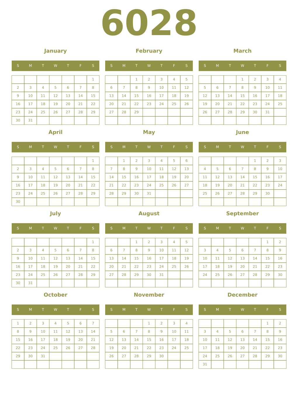 Printable 6028 Year Calendars eburnean