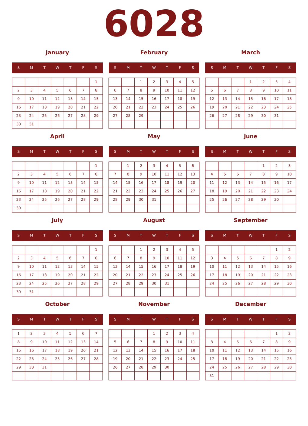 Printable 6028 Year Calendars falu