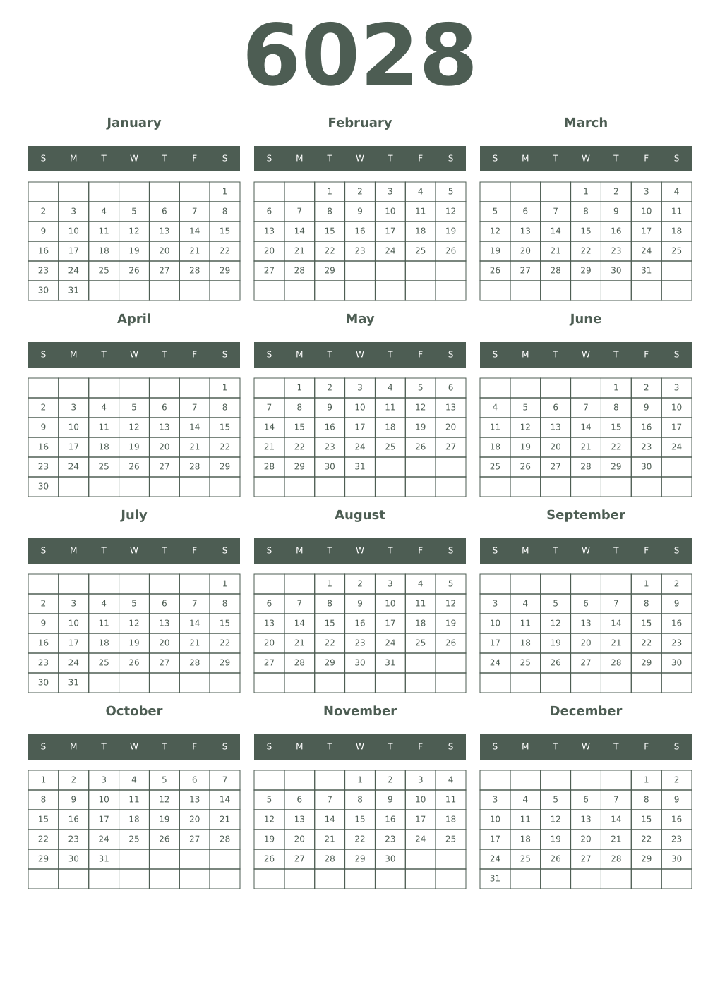 Printable 6028 Year Calendars feldgrau