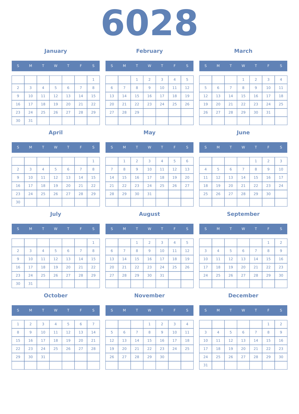Printable 6028 Year Calendars glaucous