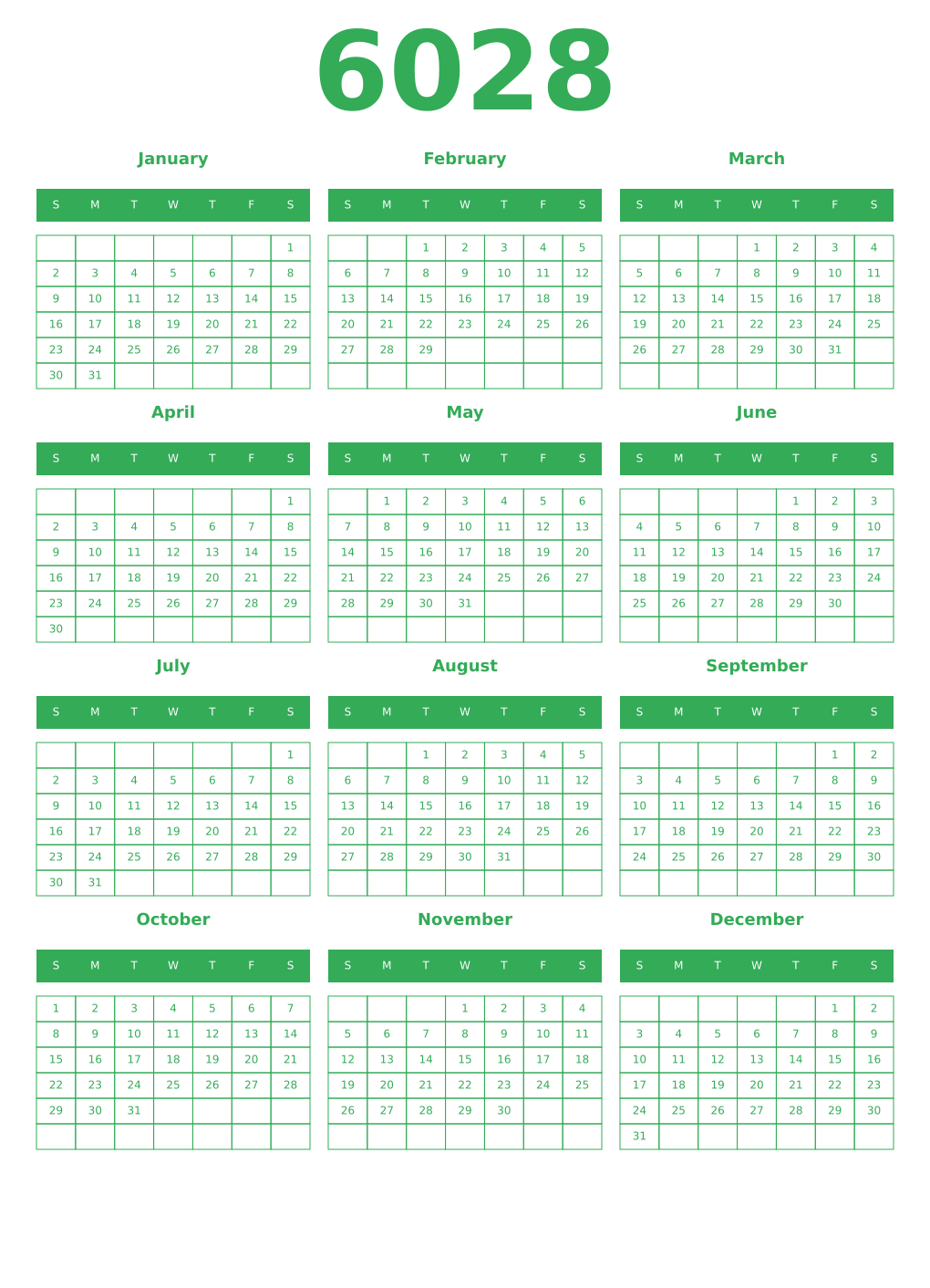 Printable 6028 Year Calendars green