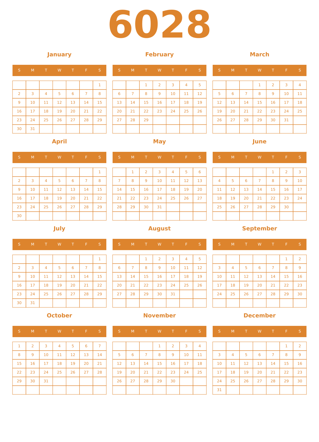 Printable 6028 Year Calendars orange