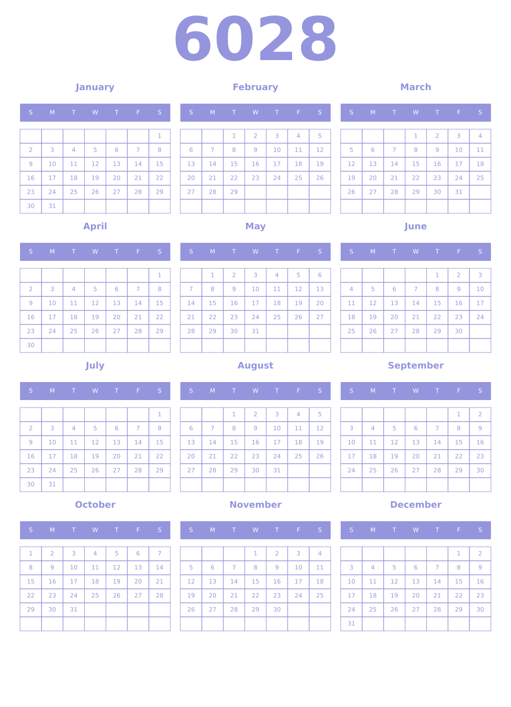 Printable 6028 Year Calendars periwinkle