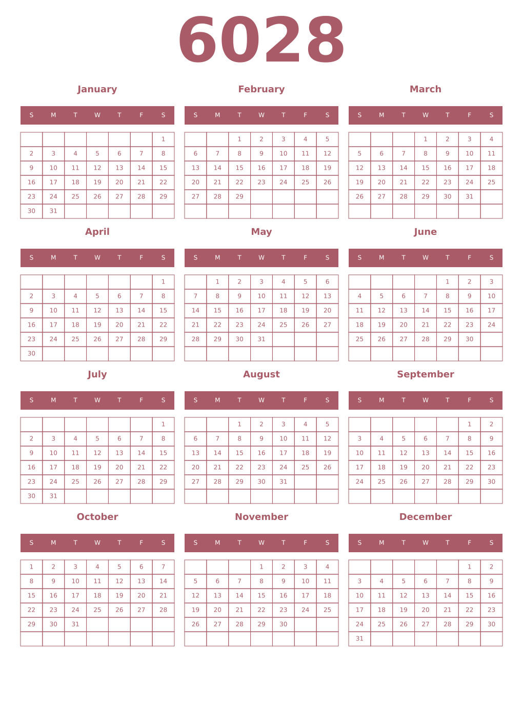 Printable 6028 Year Calendars puce