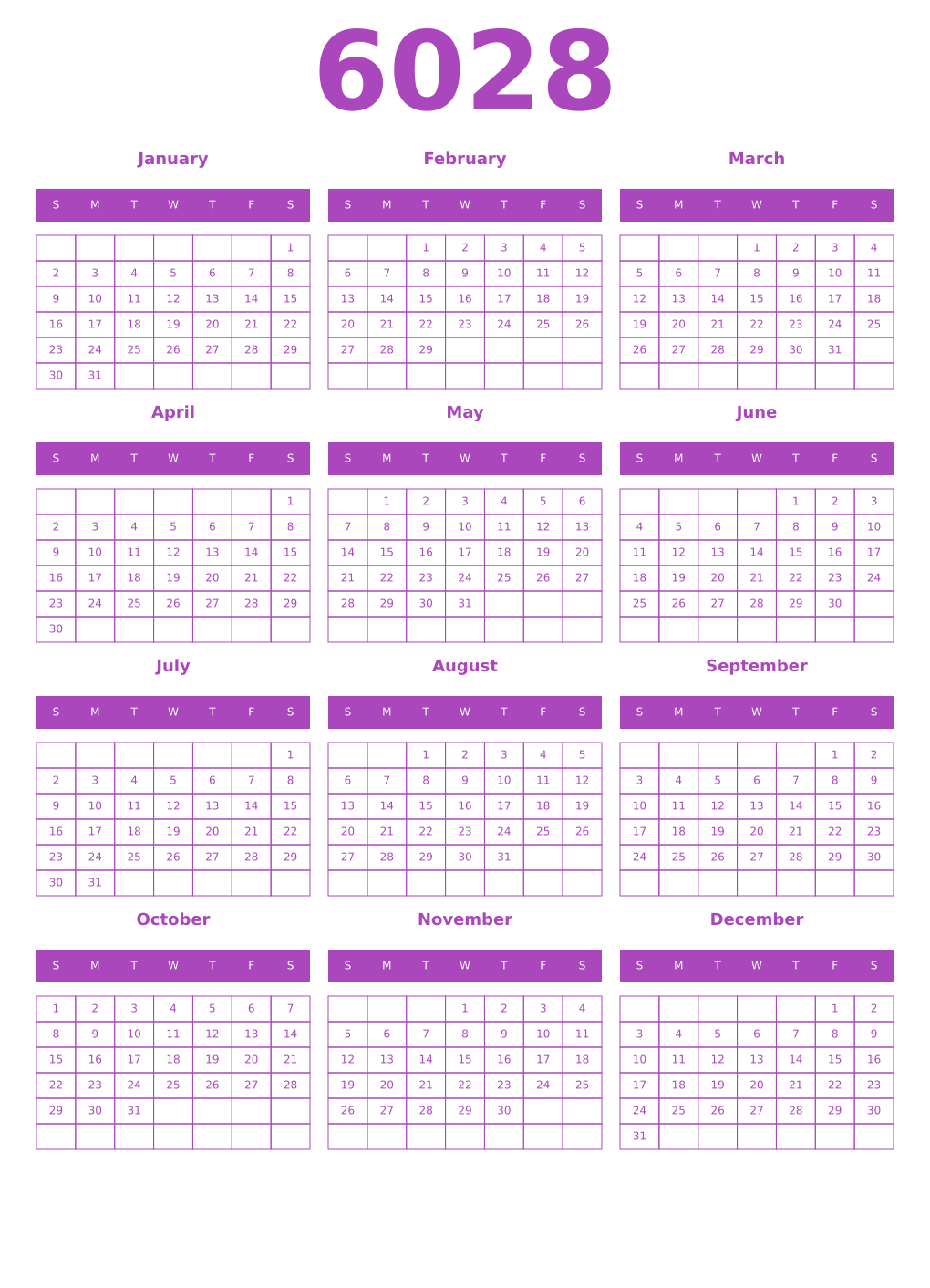 Printable 6028 Year Calendars purple