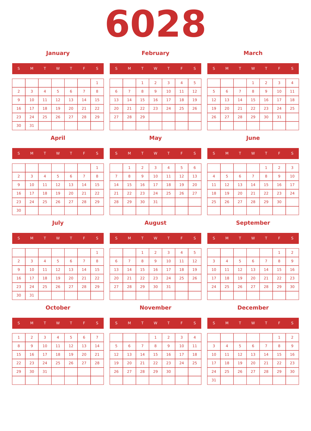 Printable 6028 Year Calendars red