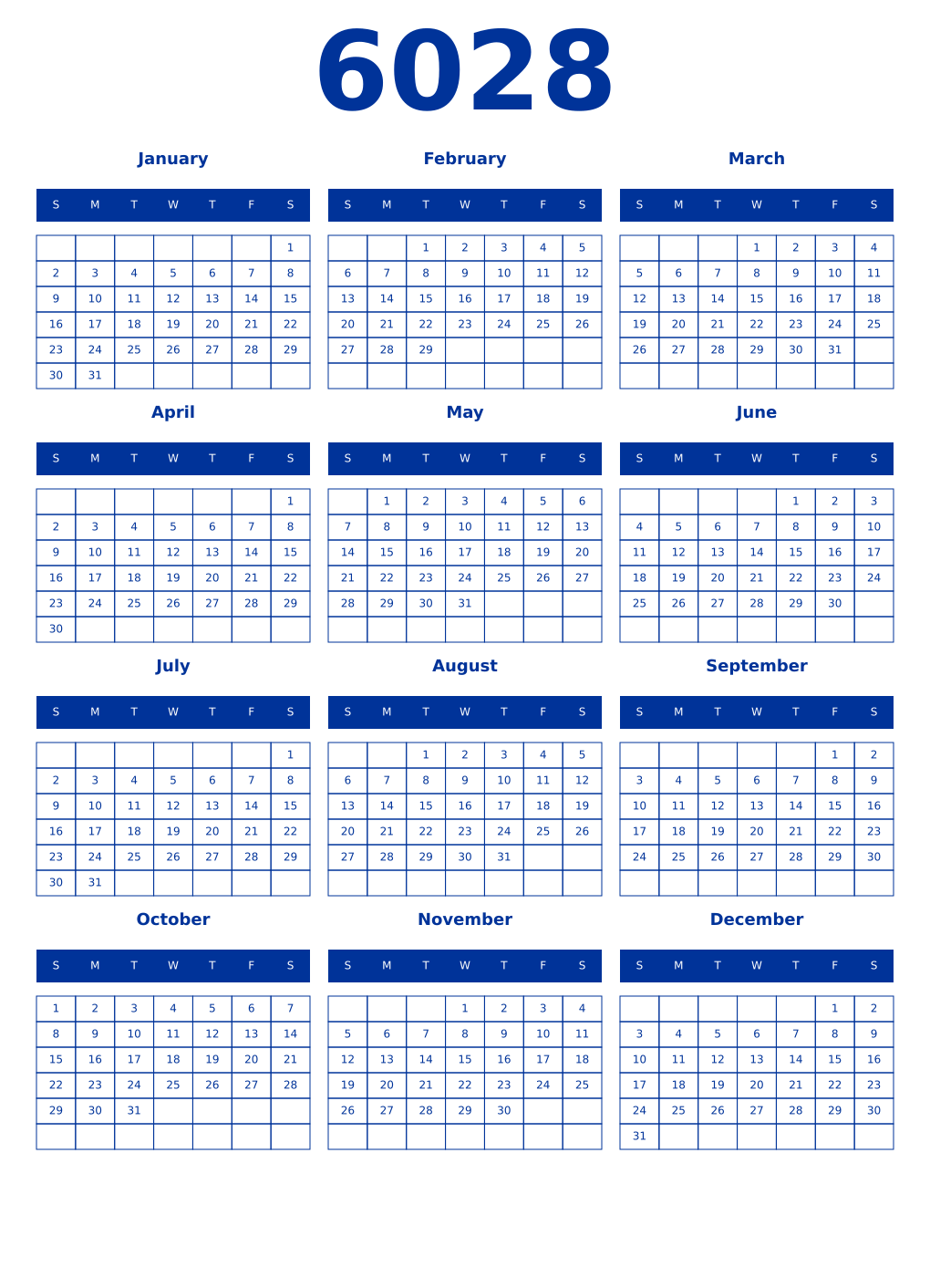 Printable 6028 Year Calendars smalt