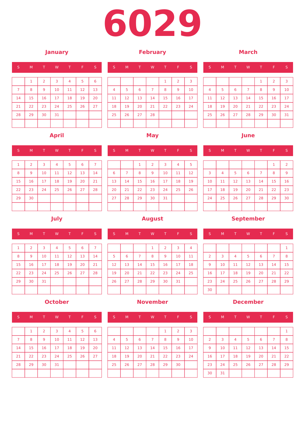 Printable 6029 Year Calendars amaranth
