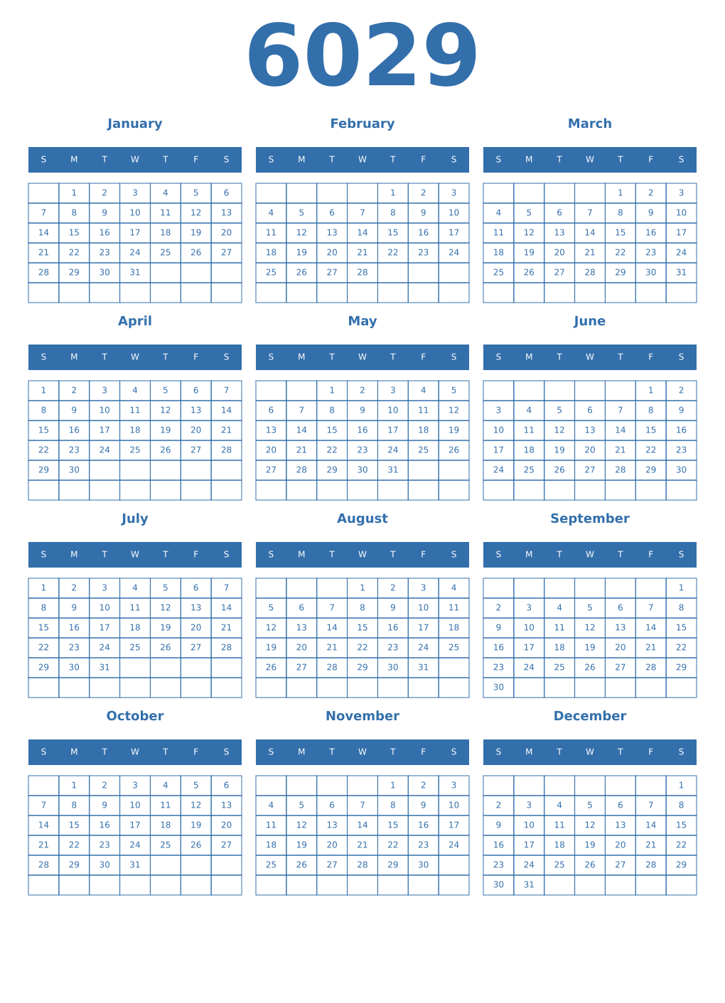 Printable 6029 Year Calendars blue