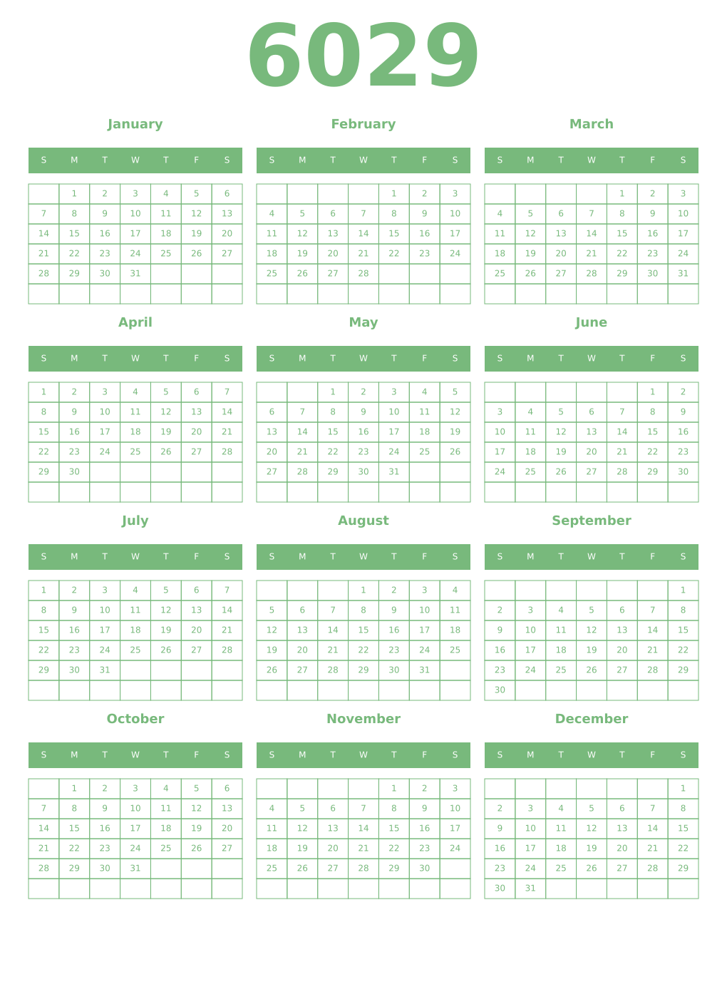 Printable 6029 Year Calendars celadon