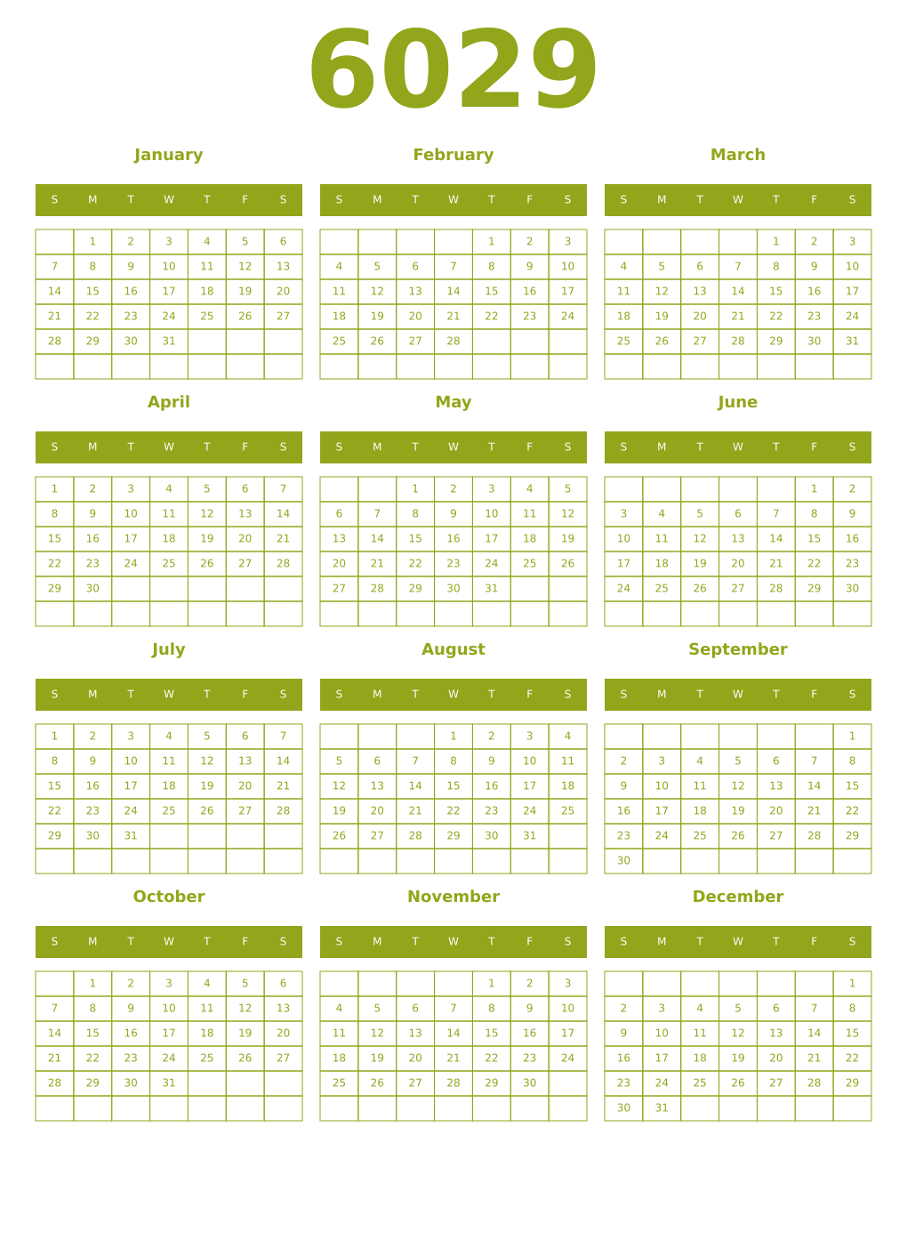 Printable 6029 Year Calendars chartreuse