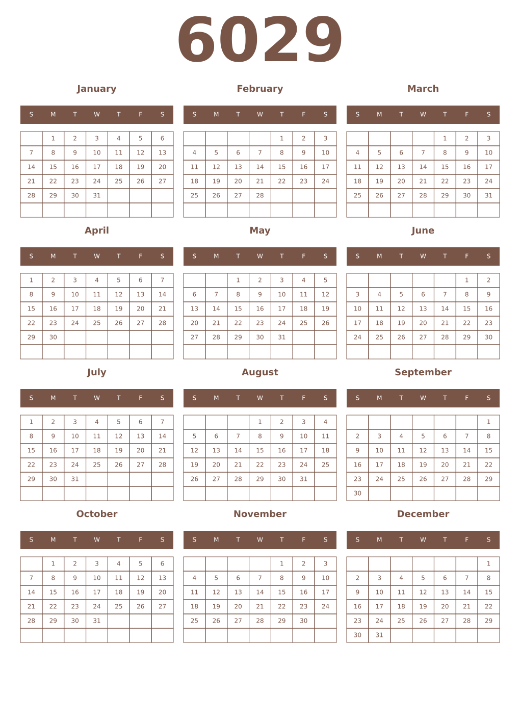 Printable 6029 Year Calendars coffe