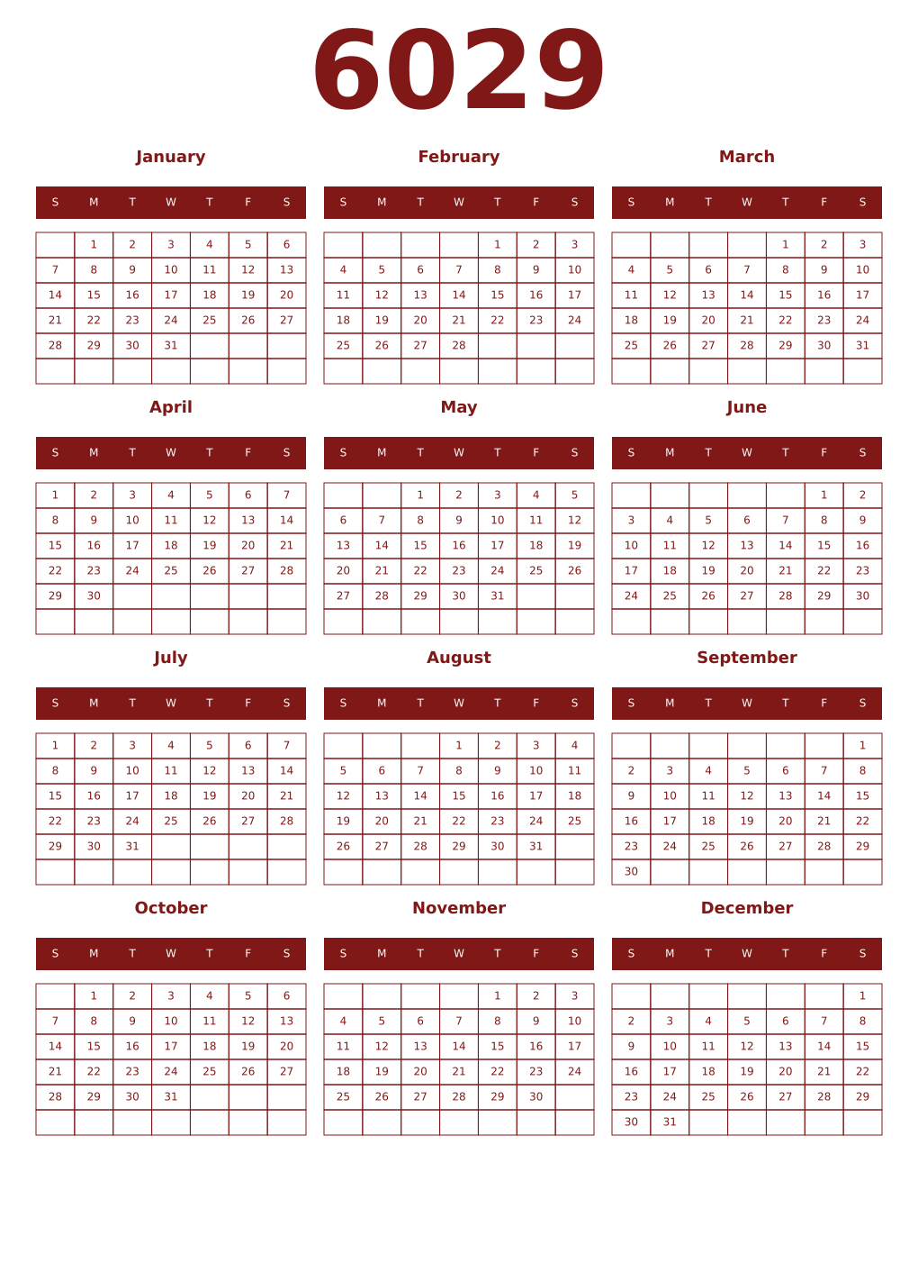 Printable 6029 Year Calendars falu