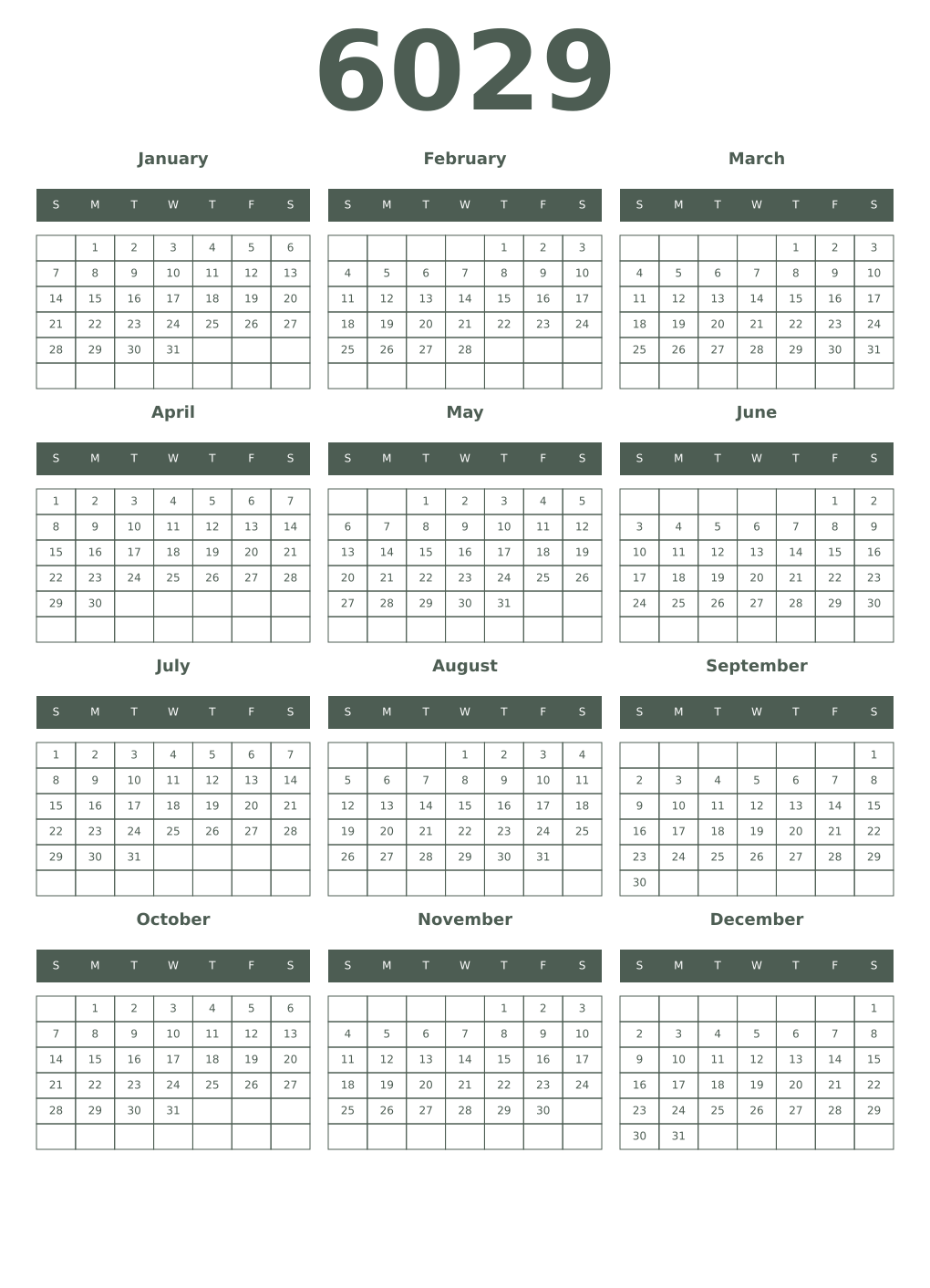 Printable 6029 Year Calendars feldgrau