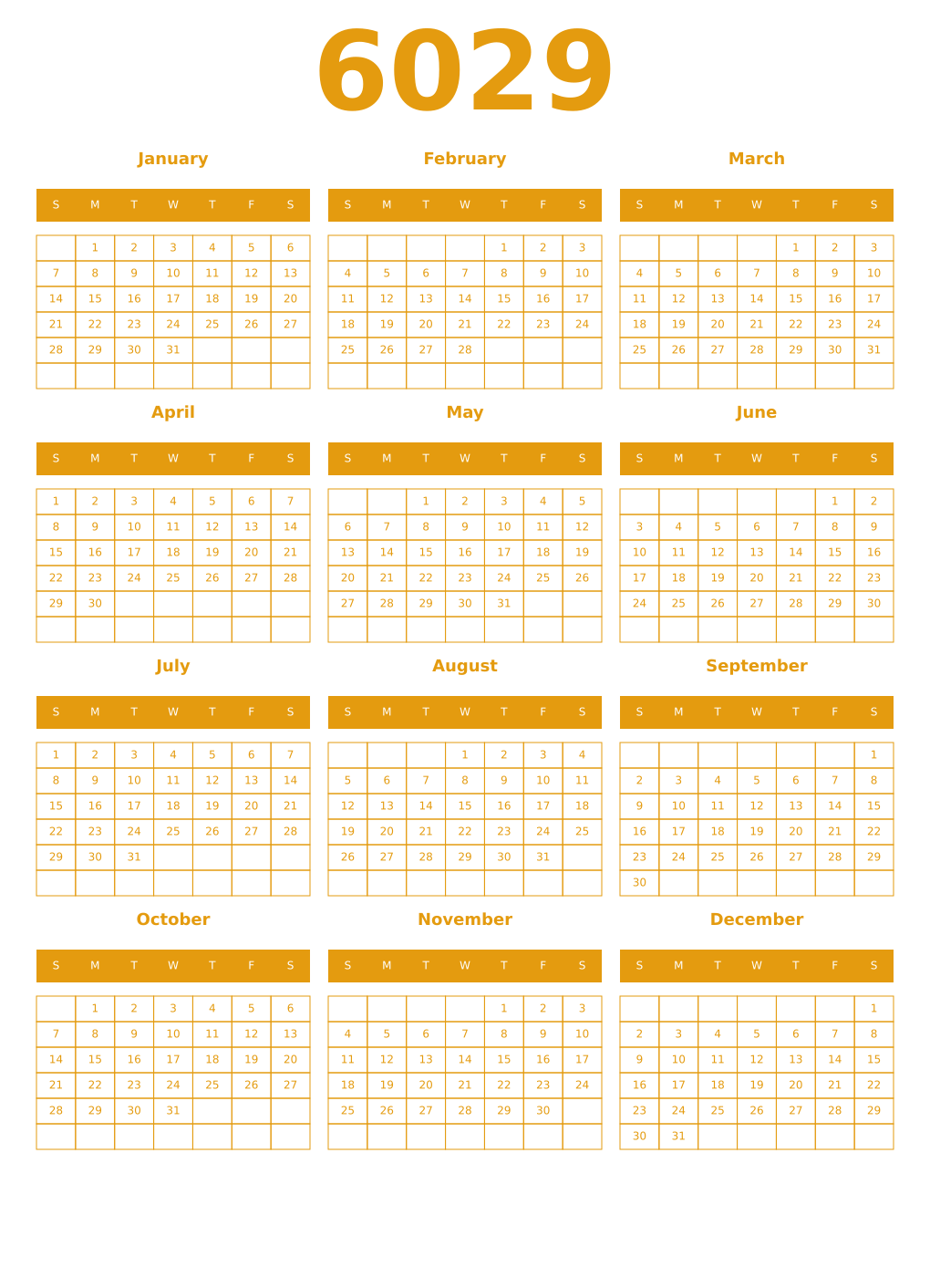 Printable 6029 Year Calendars gamboge