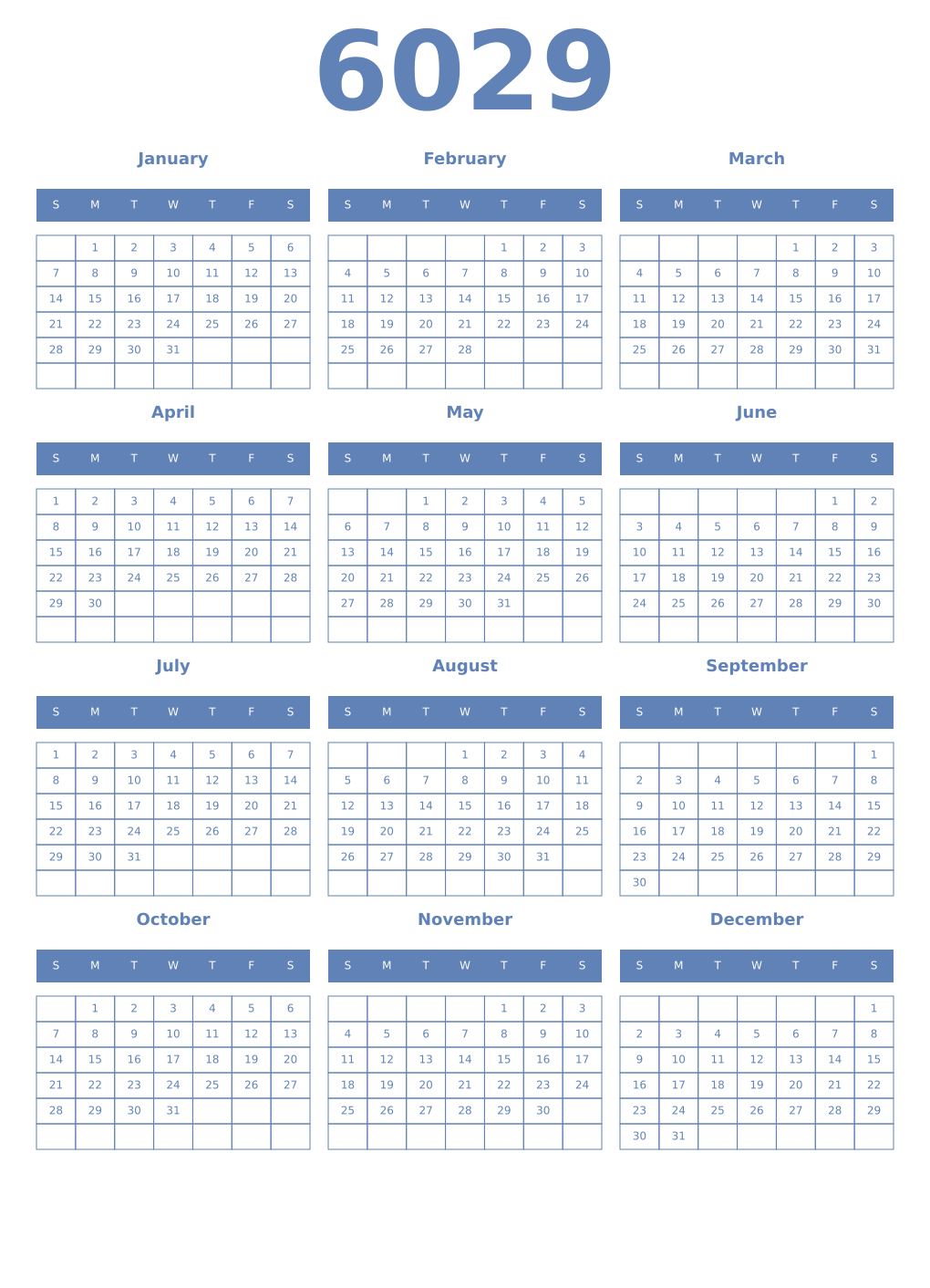 Printable 6029 Year Calendars glaucous