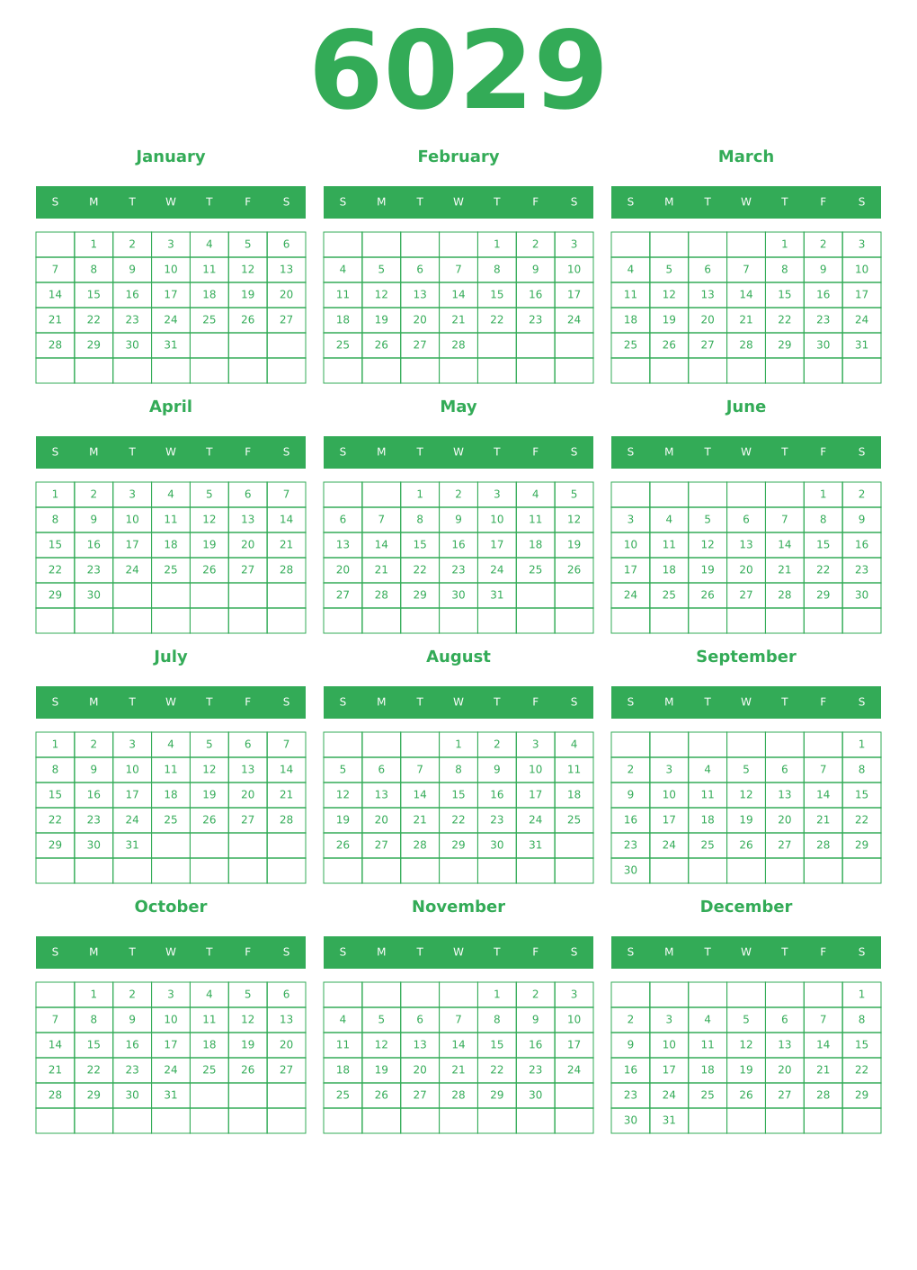Printable 6029 Year Calendars green