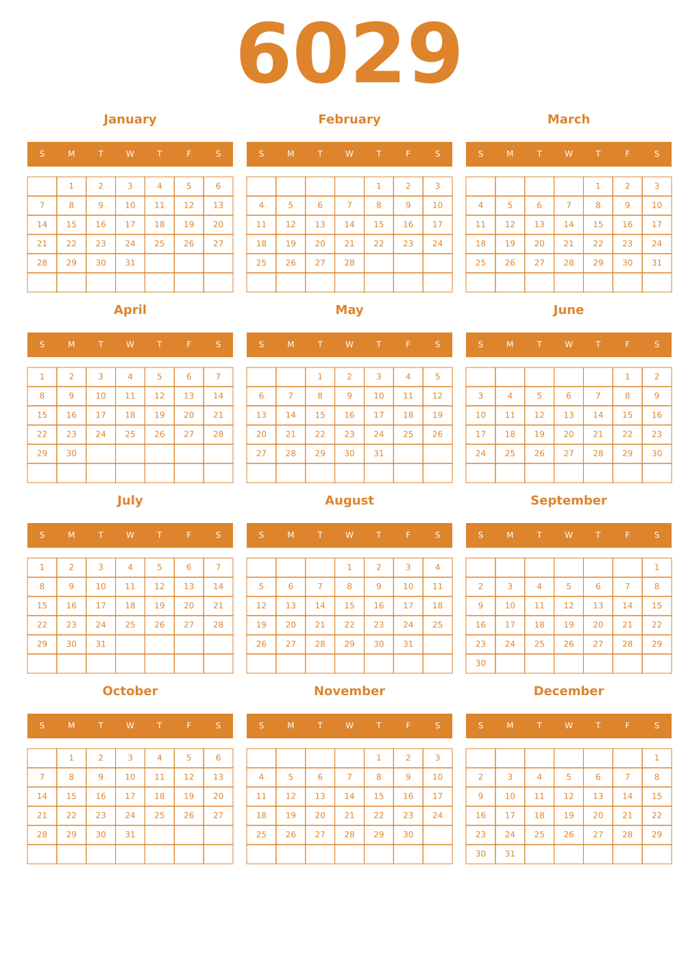 Printable 6029 Year Calendars orange
