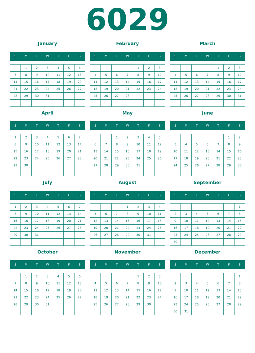 Printable 6029 Year Calendars pastel