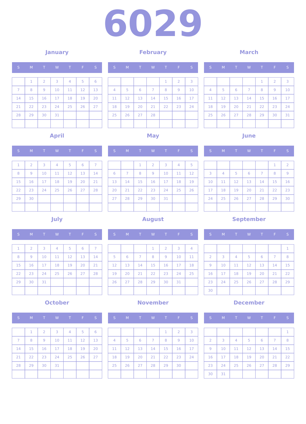 Printable 6029 Year Calendars periwinkle