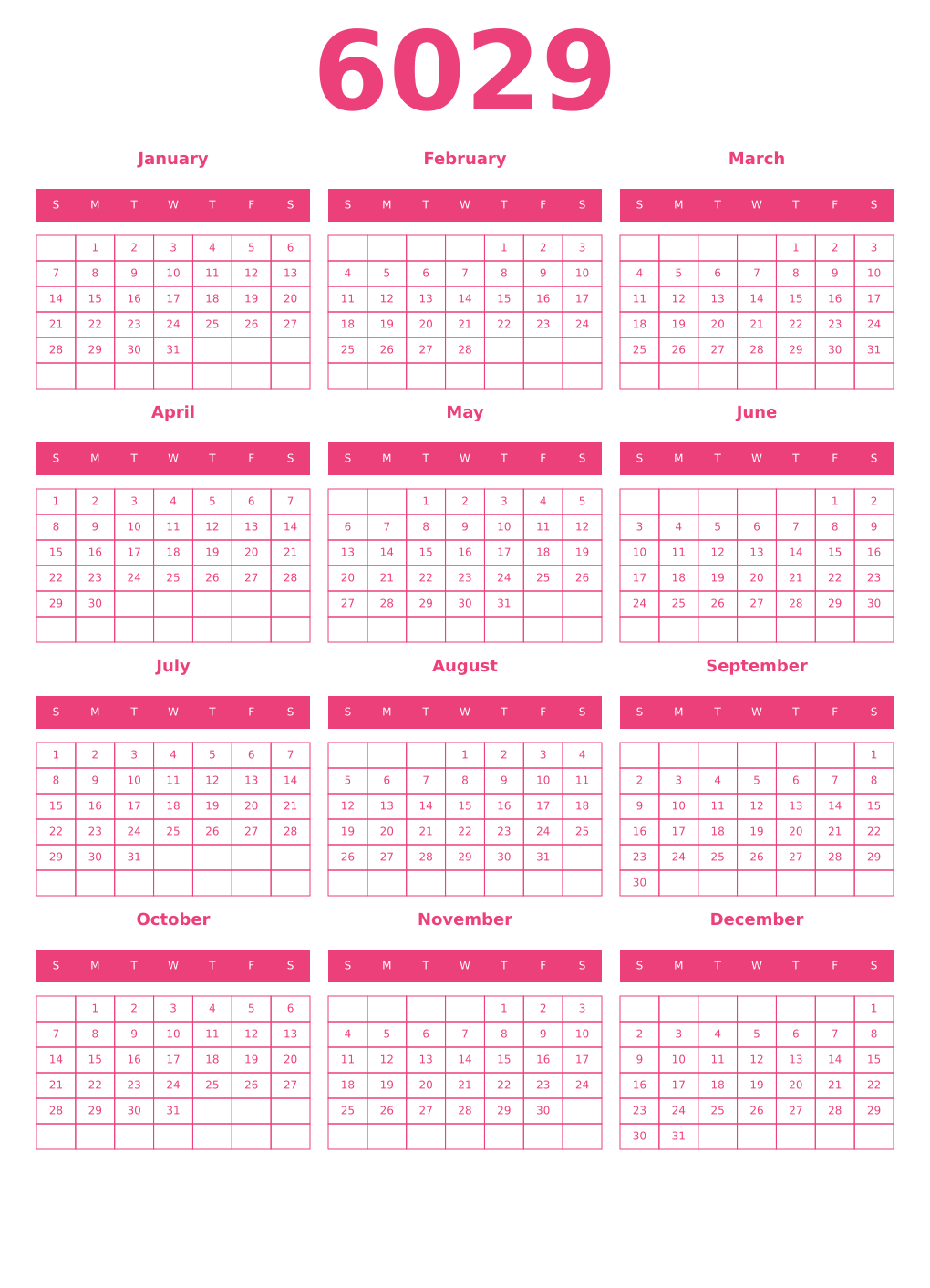 Printable 6029 Year Calendars pink