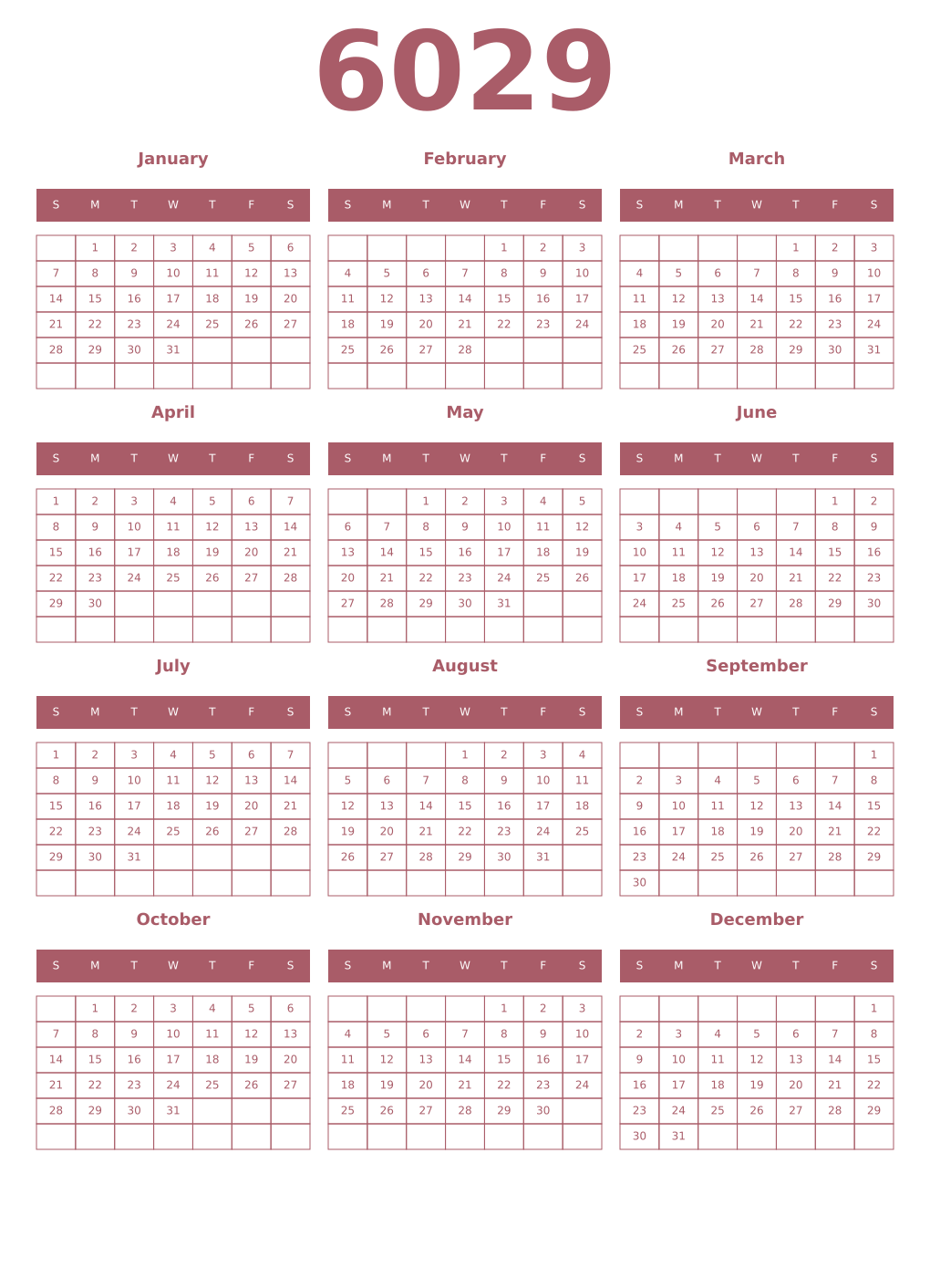 Printable 6029 Year Calendars puce