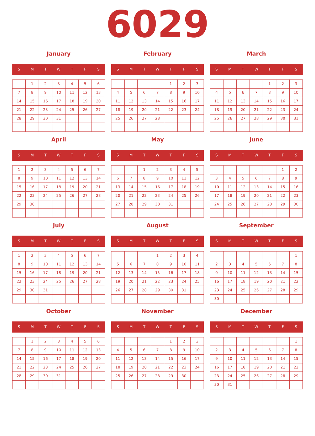 Printable 6029 Year Calendars red