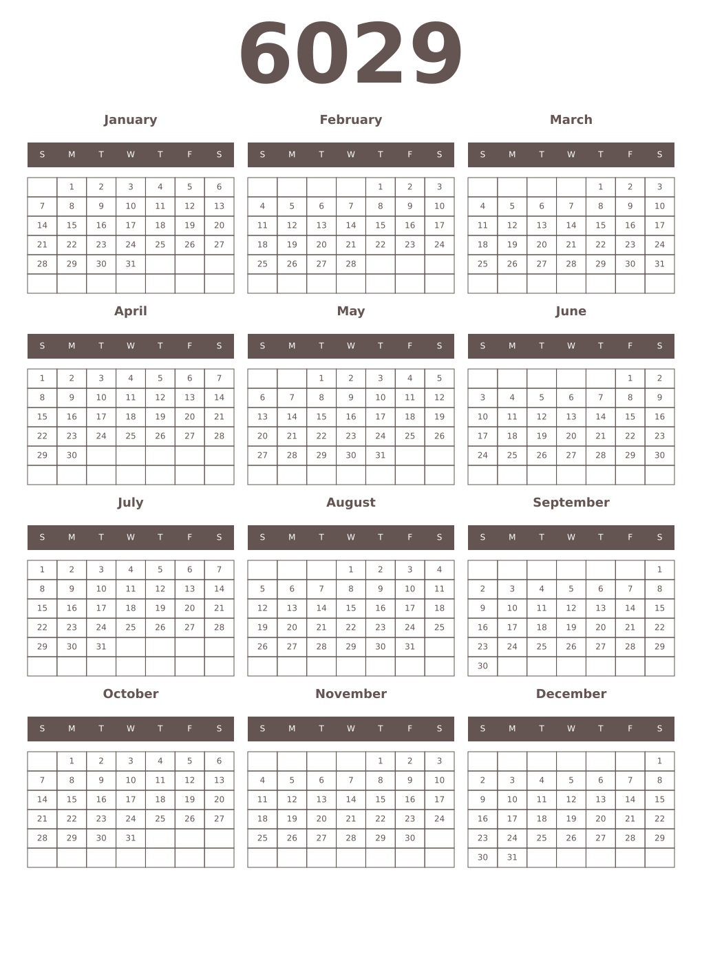 Printable 6029 Year Calendars wenge