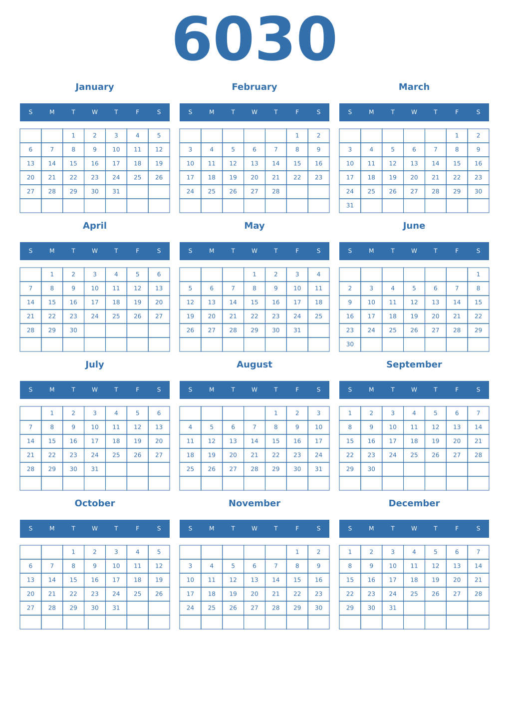 Printable 6030 Year Calendars blue