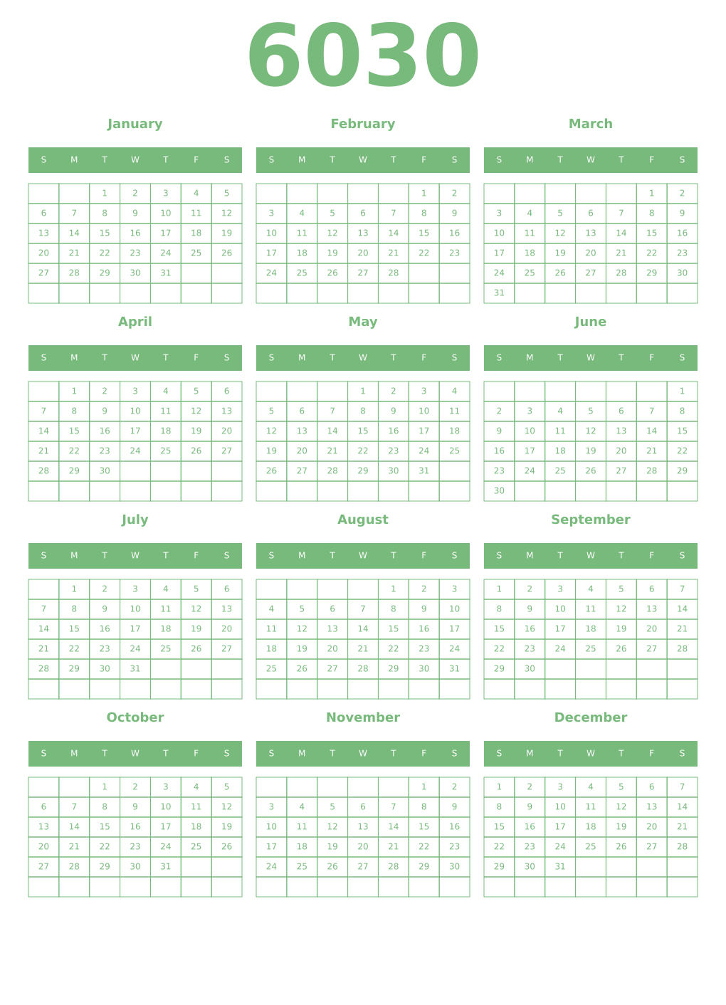 Printable 6030 Year Calendars celadon
