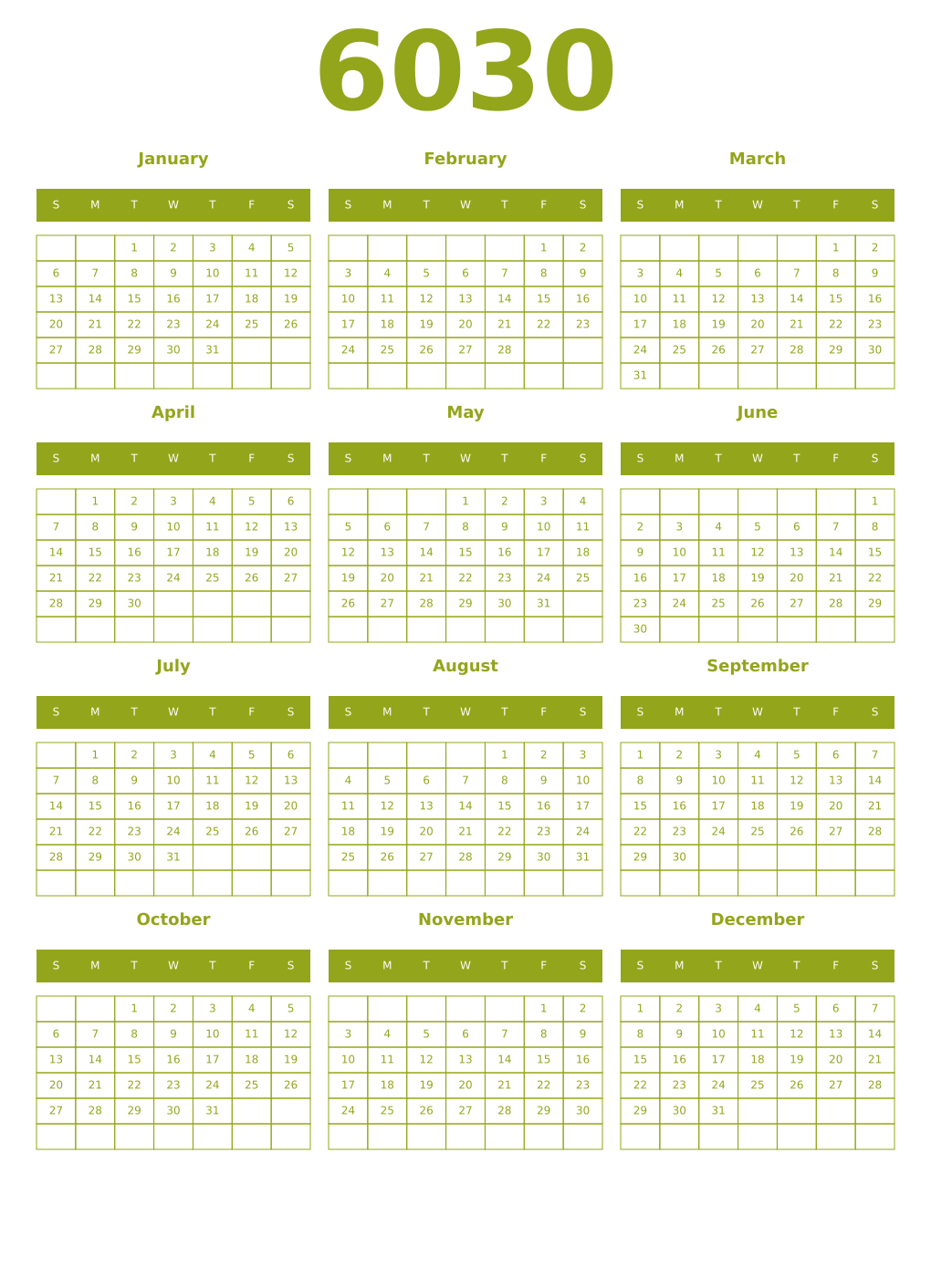 Printable 6030 Year Calendars chartreuse