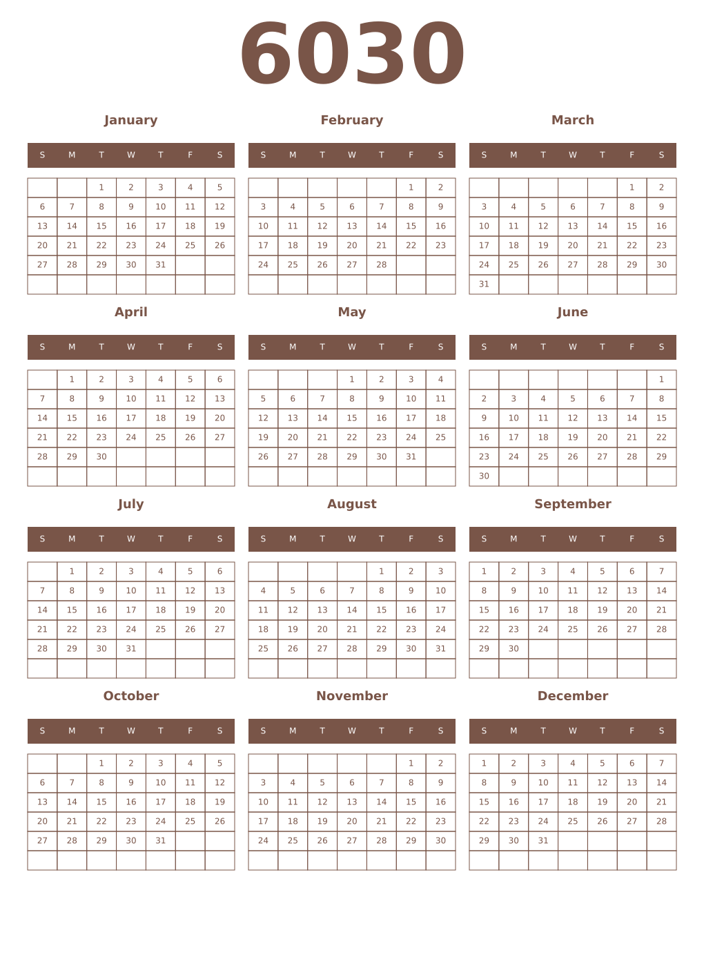 Printable 6030 Year Calendars coffe