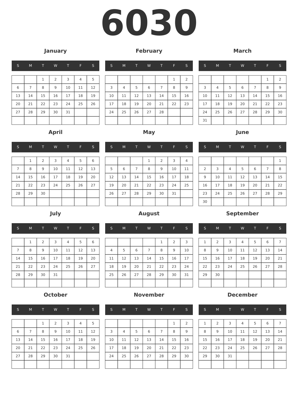 Printable 6030 Year Calendars dark