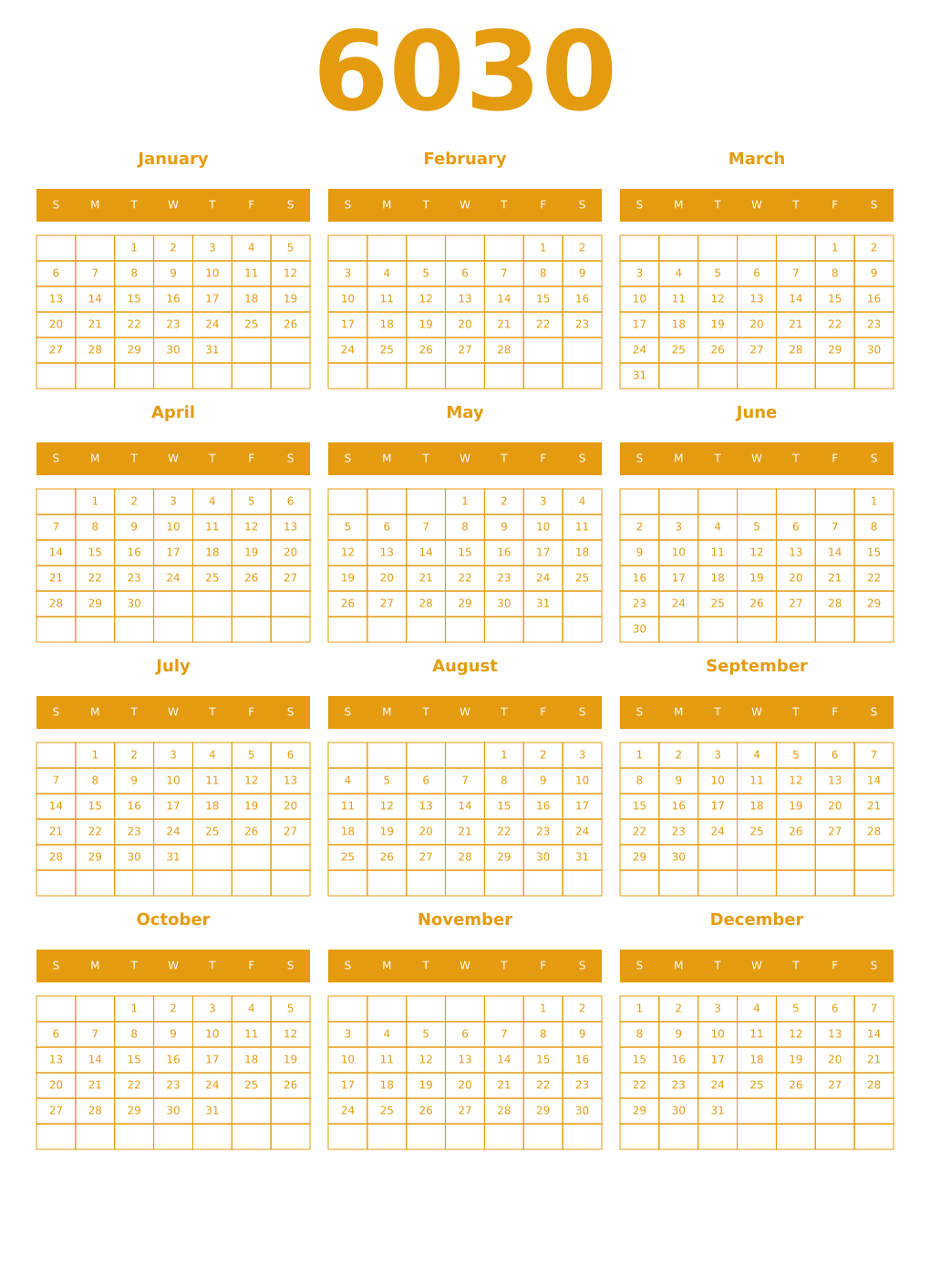 Printable 6030 Year Calendars gamboge