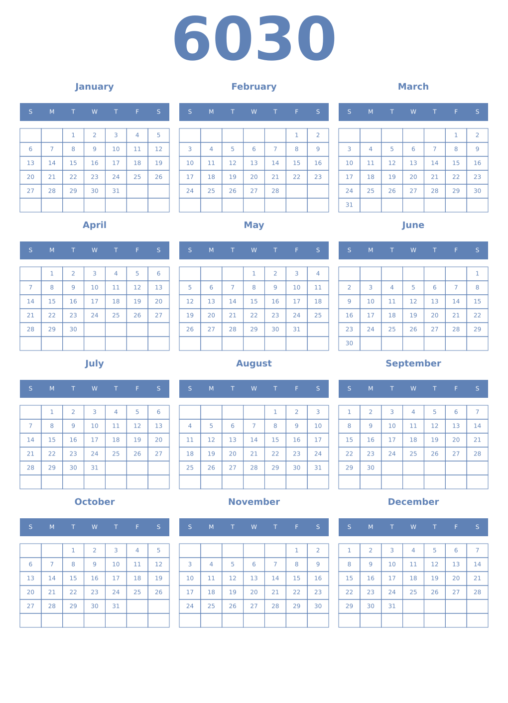 Printable 6030 Year Calendars glaucous