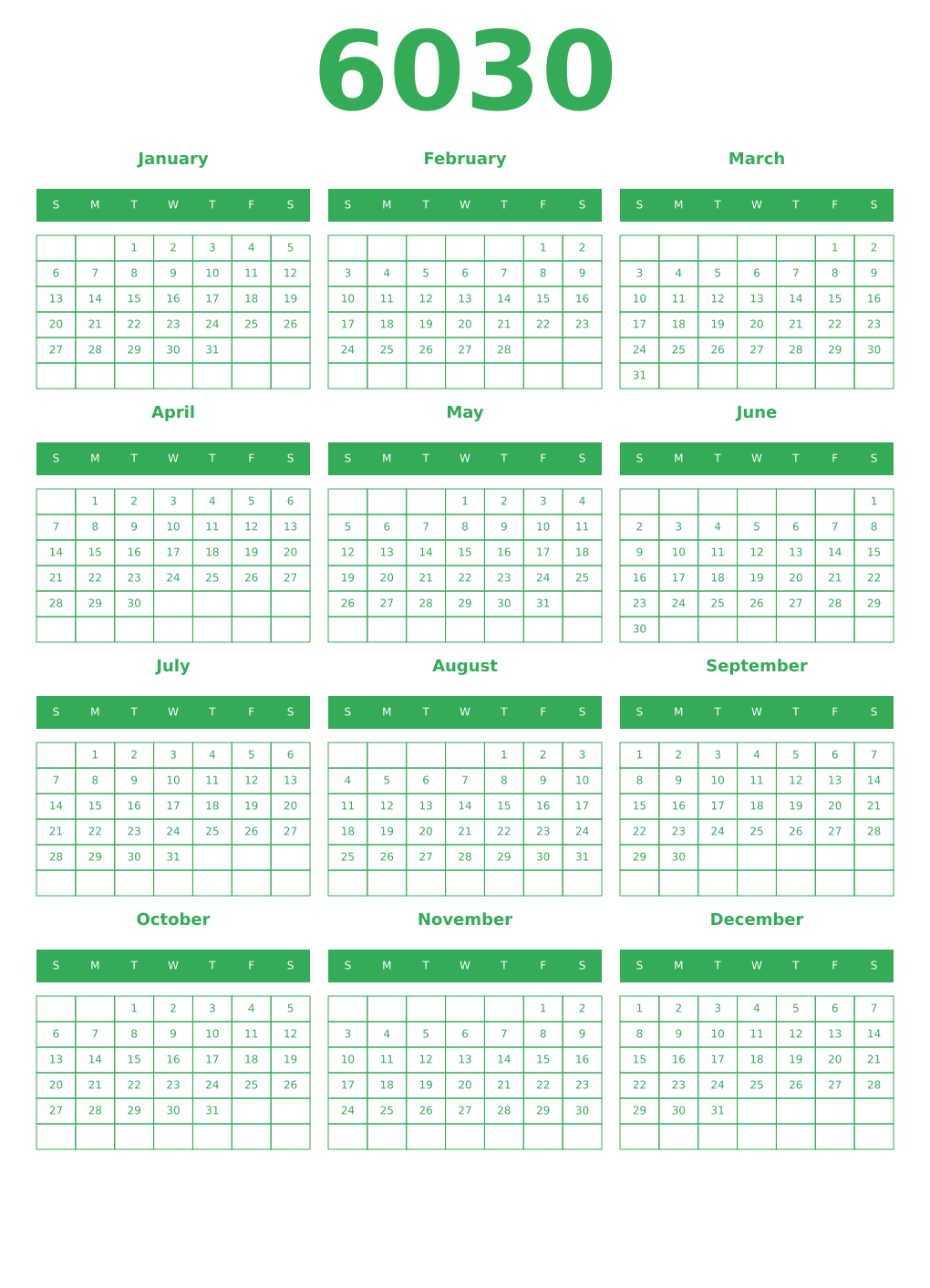 Printable 6030 Year Calendars green