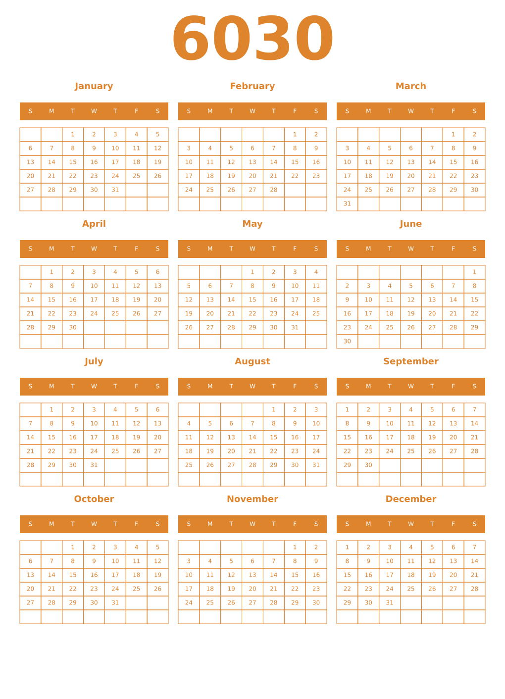 Printable 6030 Year Calendars orange
