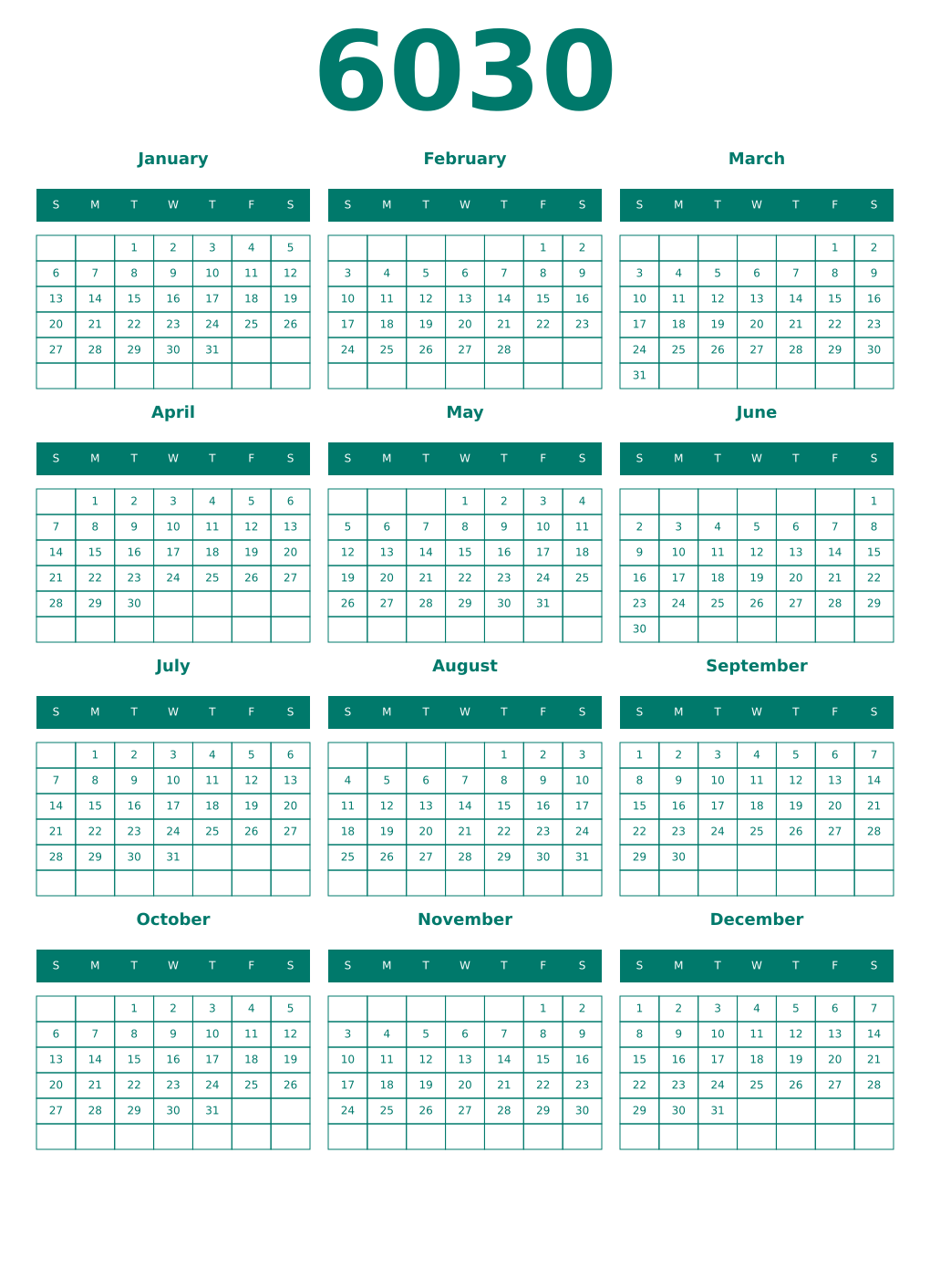 Printable 6030 Year Calendars pastel