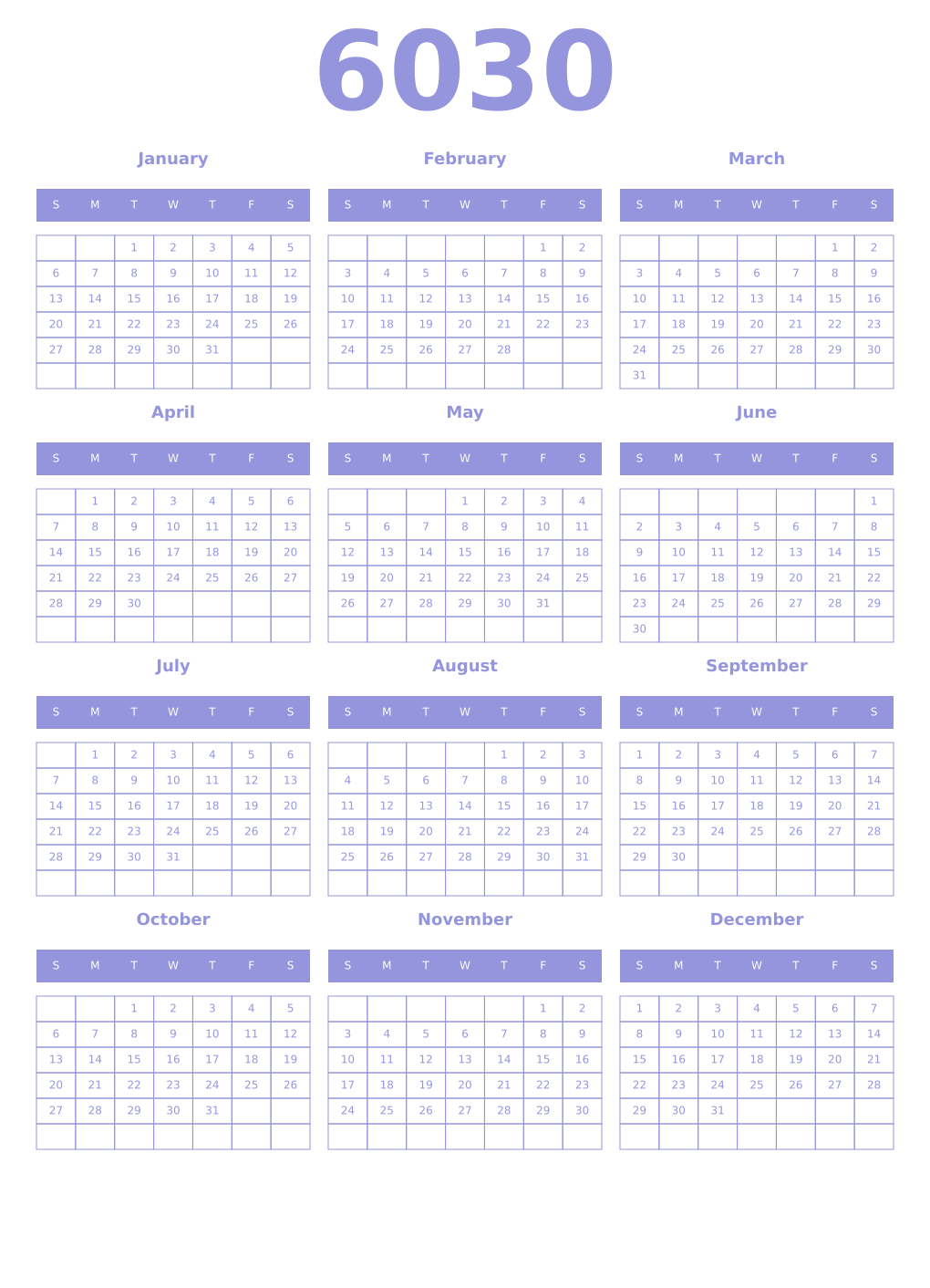 Printable 6030 Year Calendars periwinkle