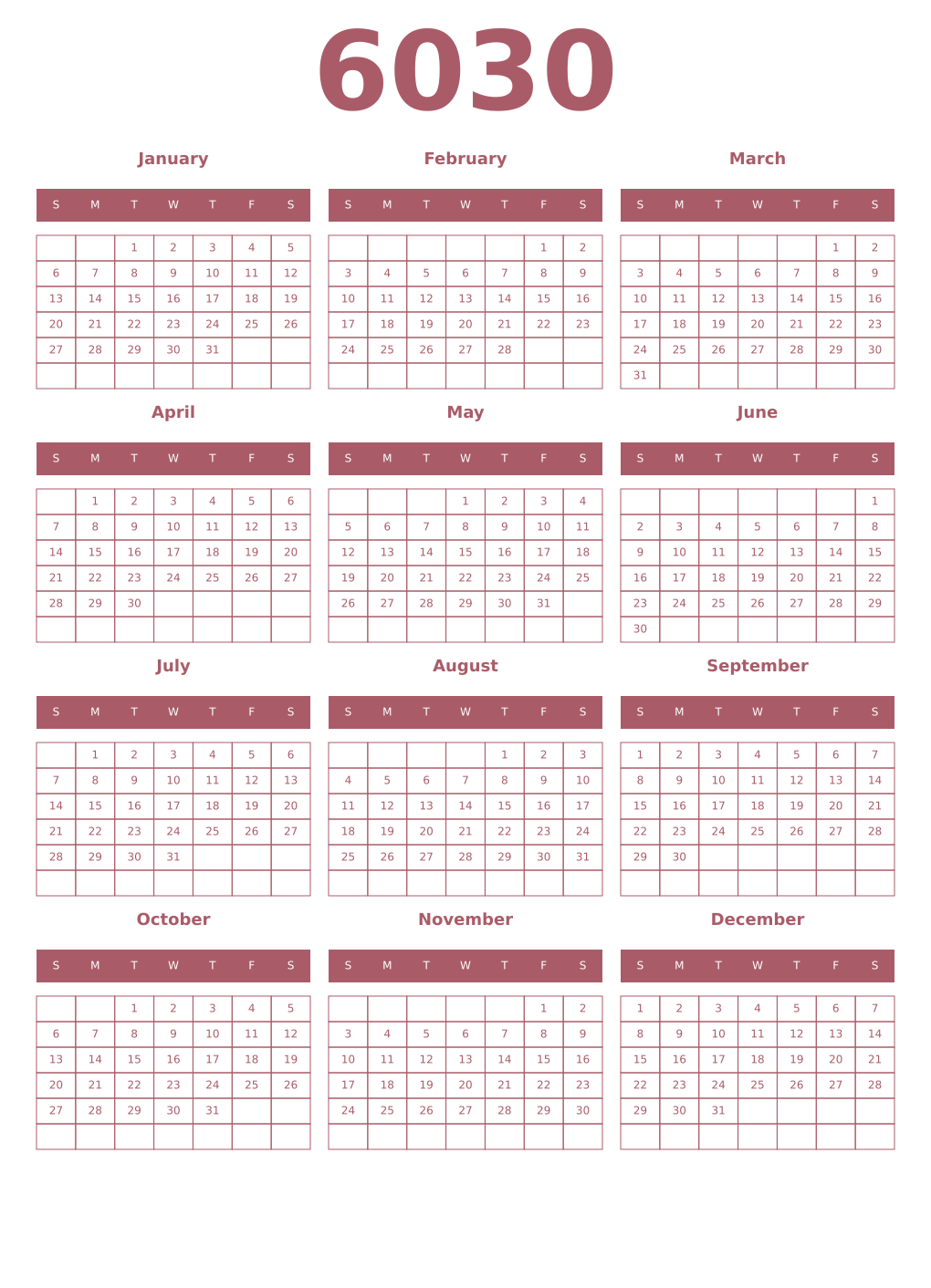 Printable 6030 Year Calendars puce