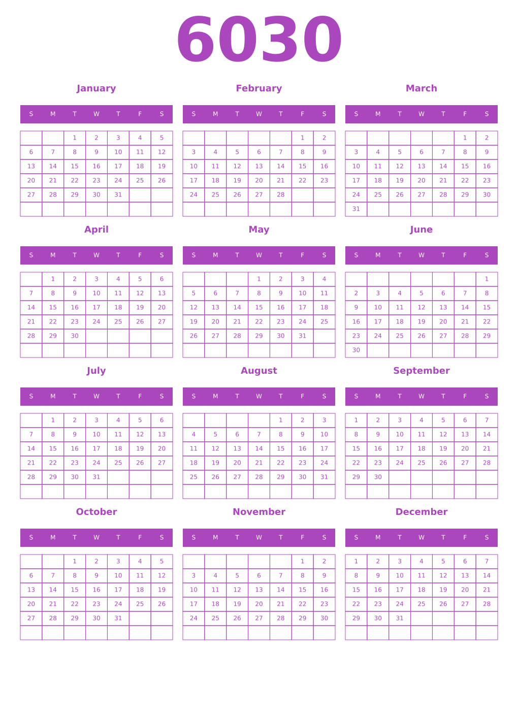 Printable 6030 Year Calendars purple