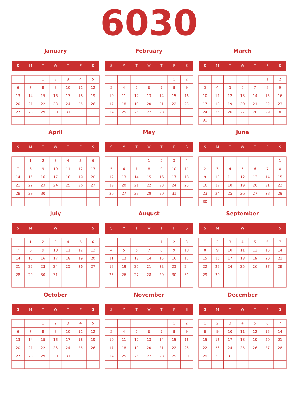 Printable 6030 Year Calendars red