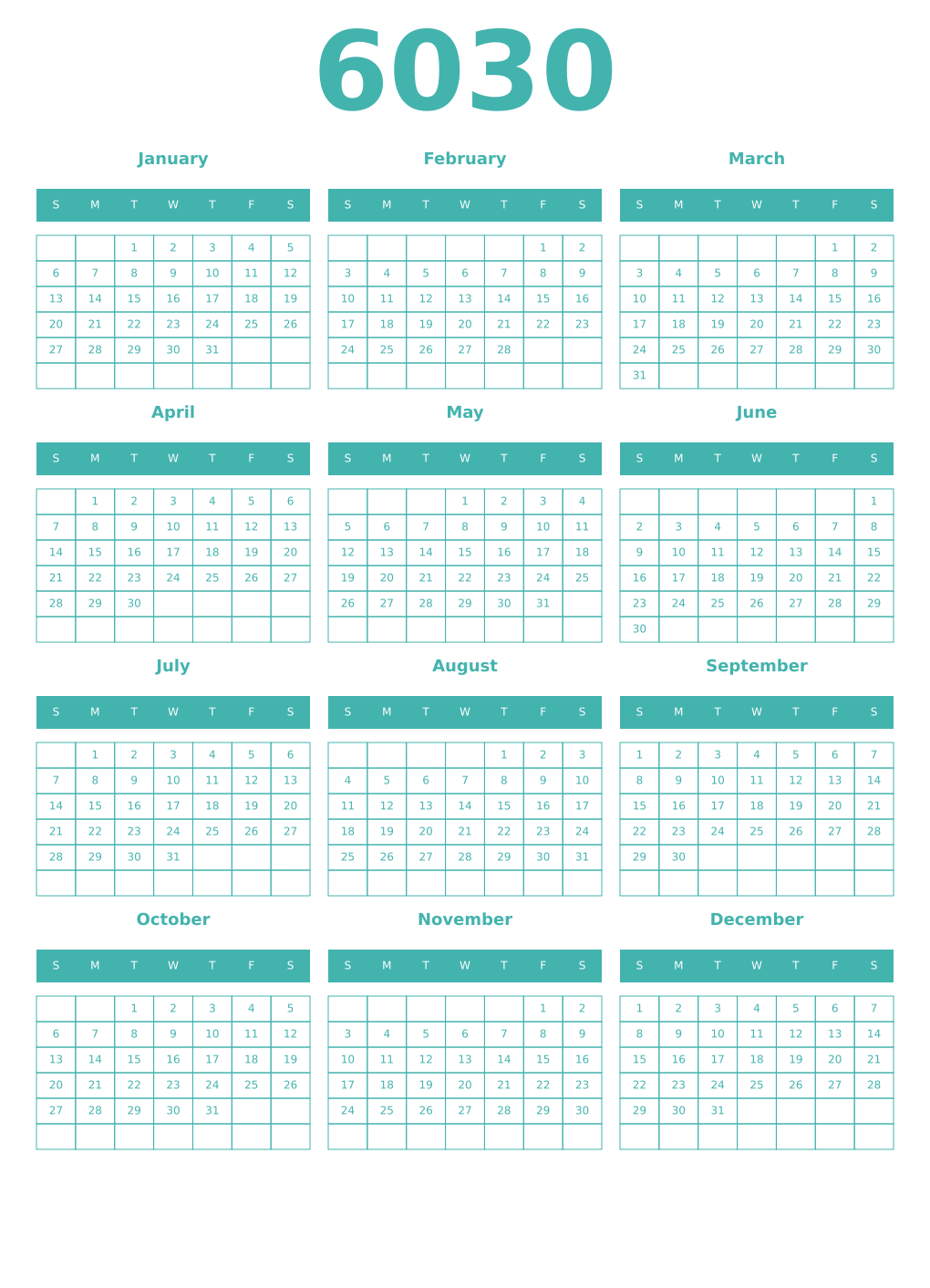 Printable 6030 Year Calendars verdigris