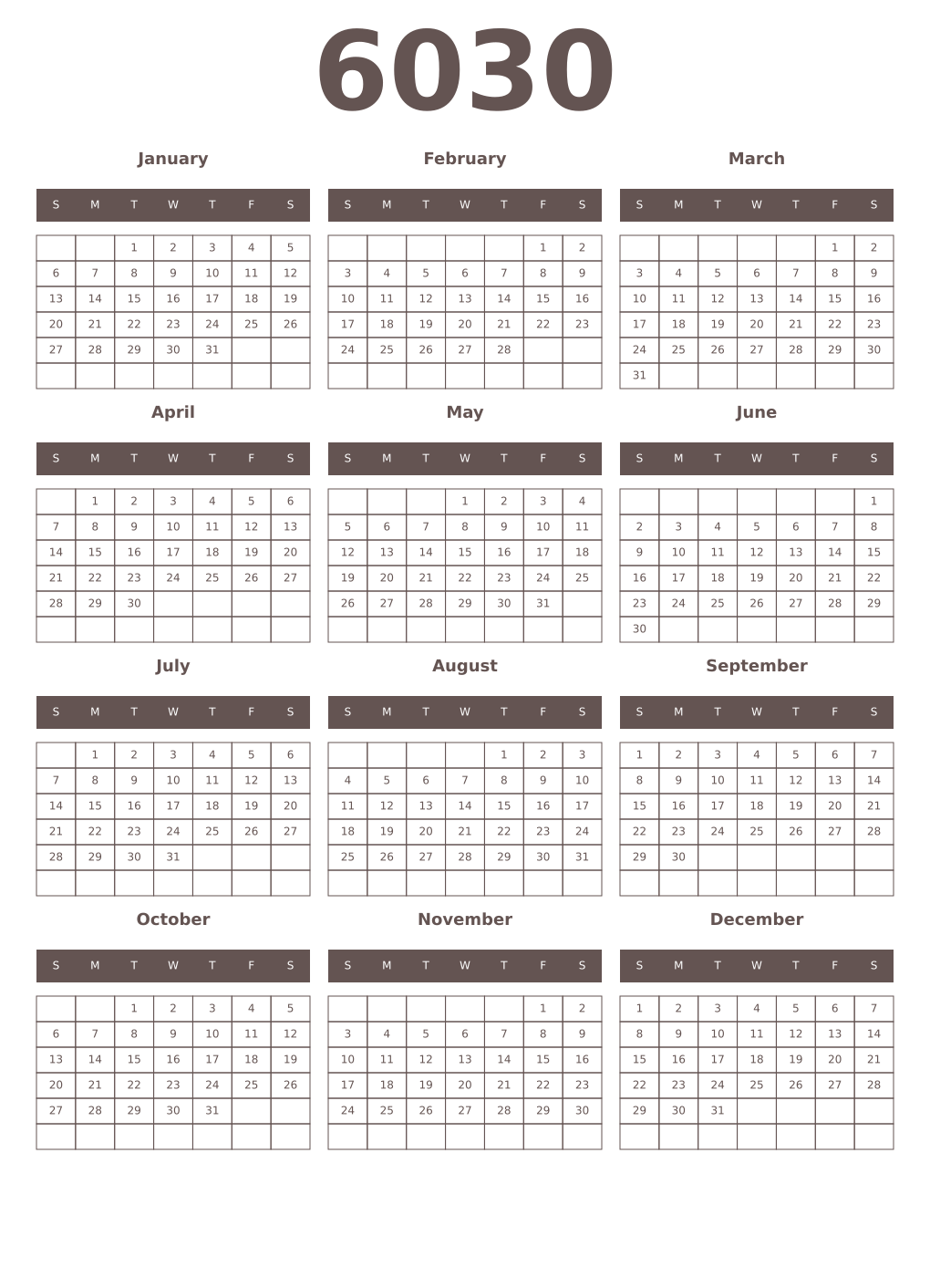 Printable 6030 Year Calendars wenge