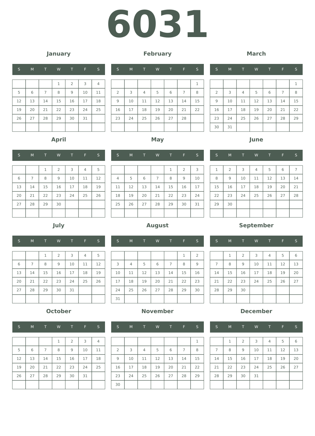 Printable 6031 Year Calendars feldgrau